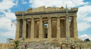 East facade of the Parthenon with Doric capitals and part of the tympanum with the representation of the birth of Athena